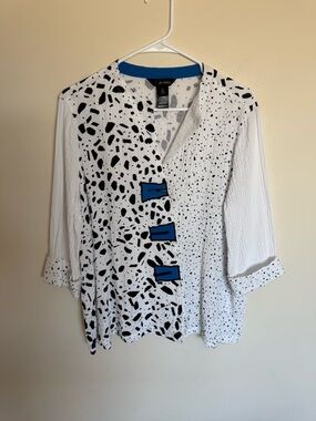 Ali Miles White/Blue/Black Dalmatian Polka Dot 3/4 Sleeve Tunic Petite Large